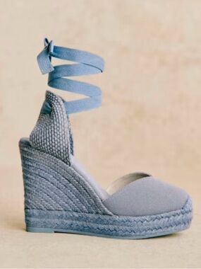 Sezane Tania Light Blue Woven Espadrille Wedge with Ankle Wrap